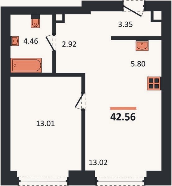 Планировка: 1-к, 42,4 м²