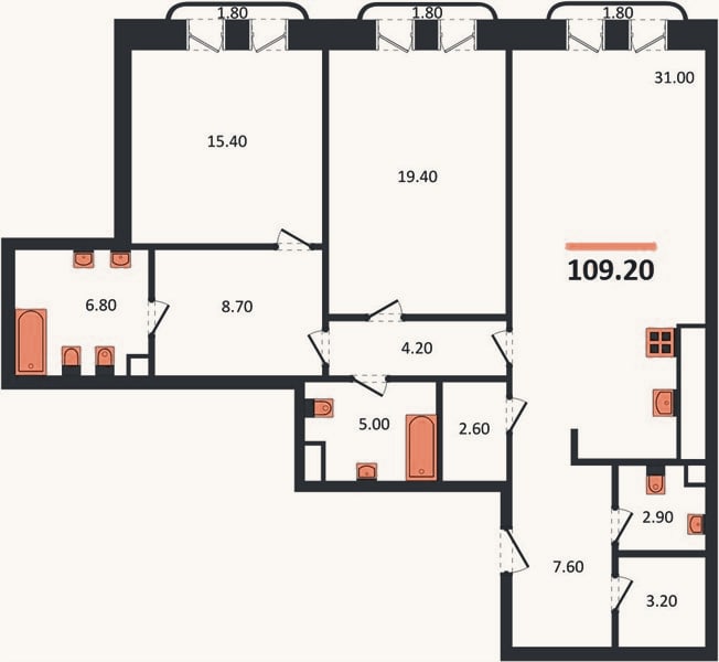 Планировка: 2-к, 109,2 м²