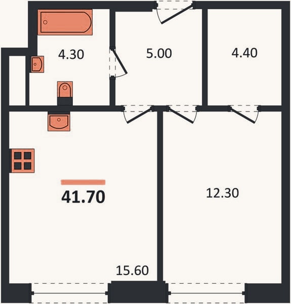 Планировка: 1-к, 41,6 м²