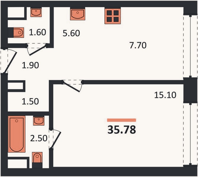 Планировка: 1-к, 35,8 м²