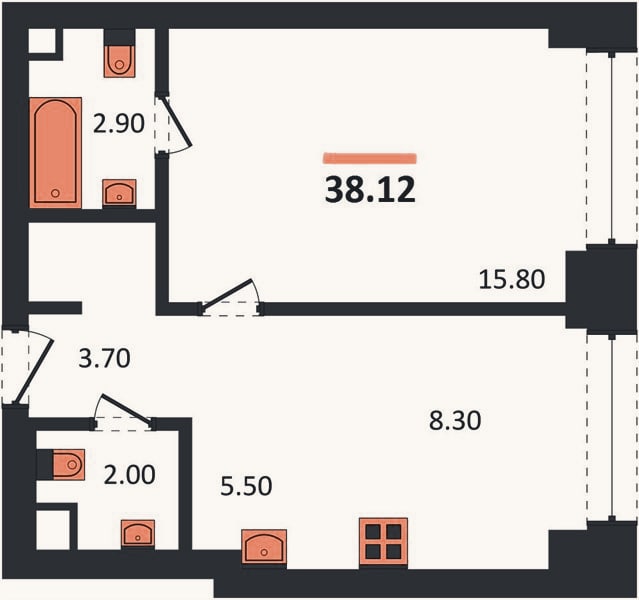 Планировка: 1-к, 38,1 м²