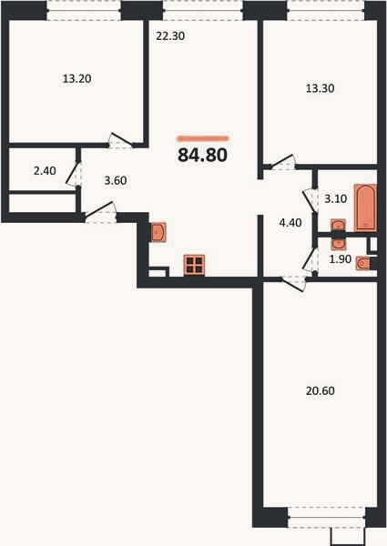 Планировка: 3-к, 84,8 м²