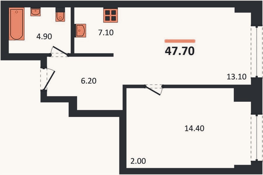 Планировка: 1-к, 47,7 м²