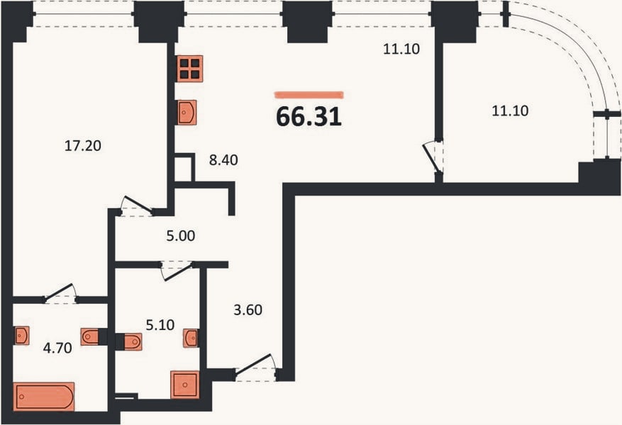Планировка: 2-к, 66,3 м²
