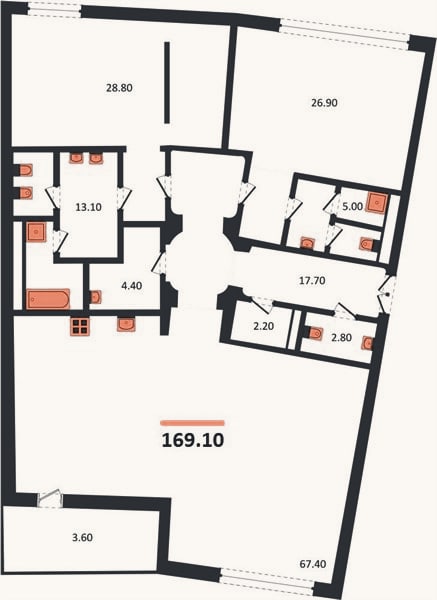Планировка: 2-к, 169,1 м²