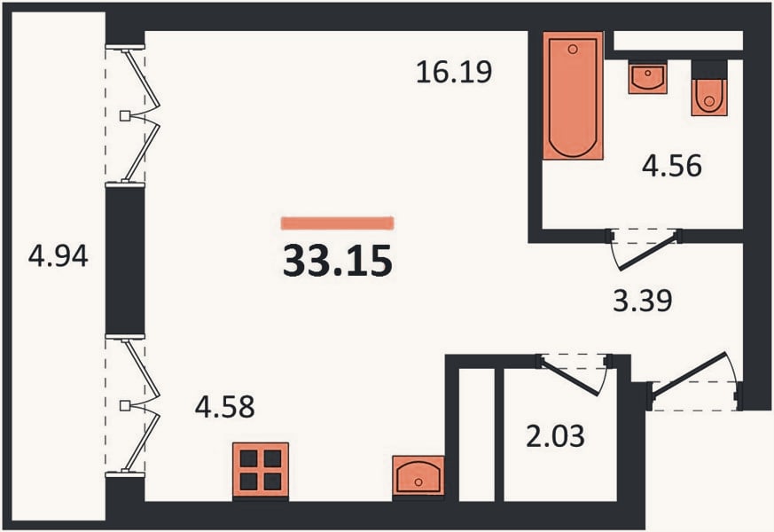 Планировка: Студия, 33,2 м²