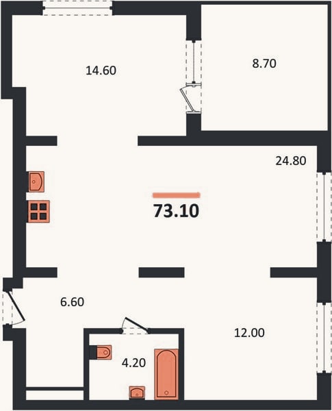 Планировка: 2-к, 73,1 м²