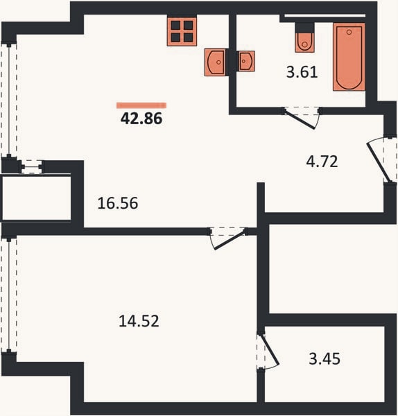 Планировка: 1-к, 42,9 м²