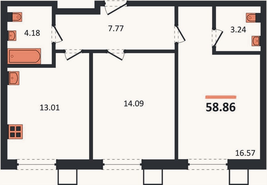 Планировка: 2-к, 58,9 м²