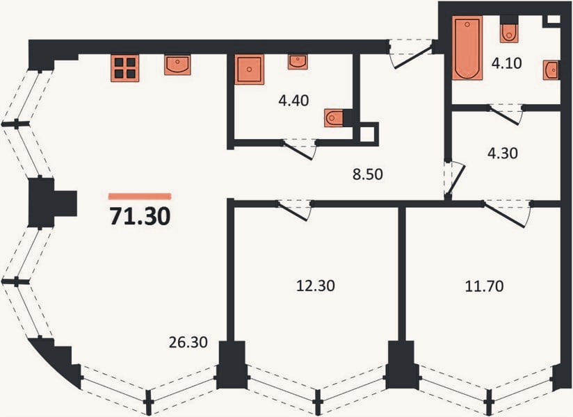 Планировка: 2-к, 71,3 м²