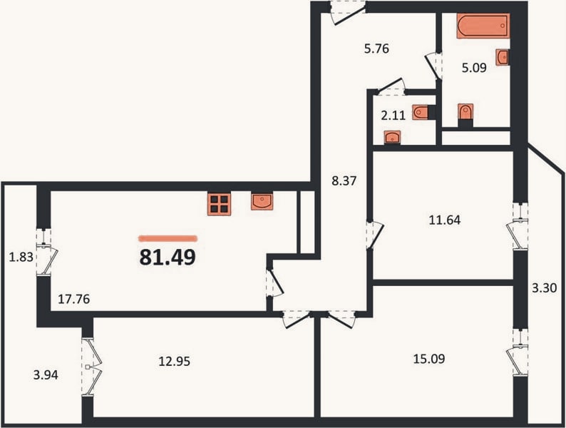 Планировка: 3-к, 81,5 м²