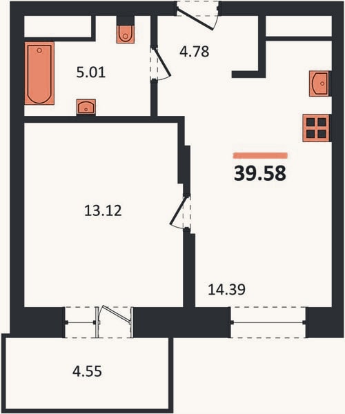 Планировка: 1-к, 39,6 м²