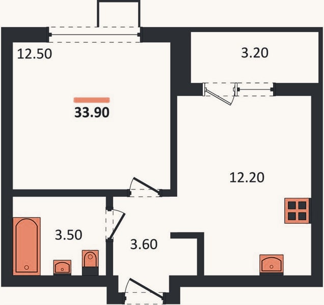 Планировка: 1-к, 33,9 м²
