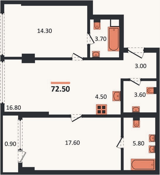 Планировка: 2-к, 72,5 м²