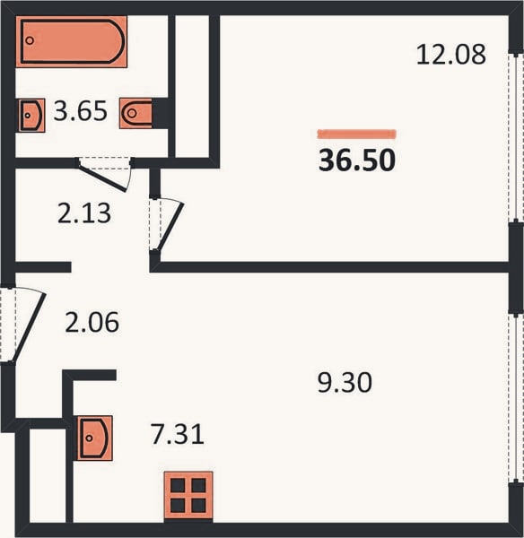 Планировка: 1-к, 36,4 м²