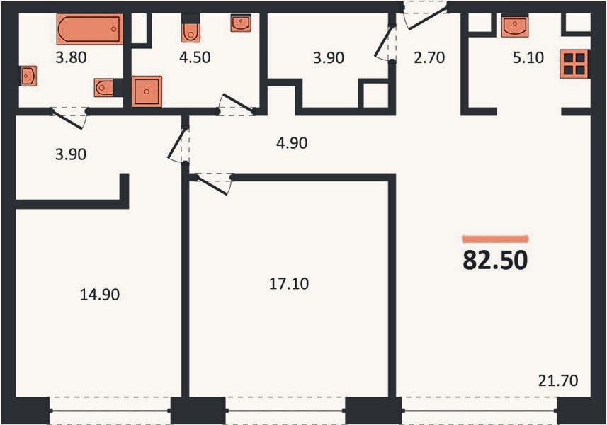 Планировка: 2-к, 82,5 м²
