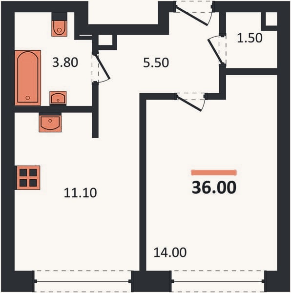 Планировка: 1-к, 36 м²