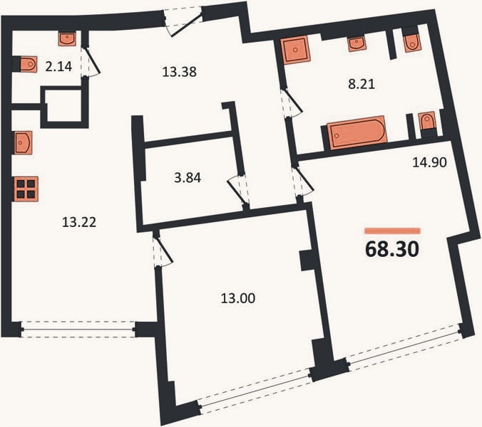 Планировка: 2-к, 68,3 м²
