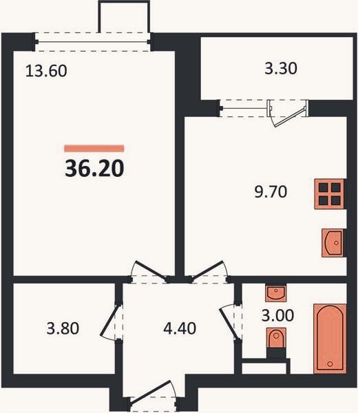 Планировка: 1-к, 36,2 м²