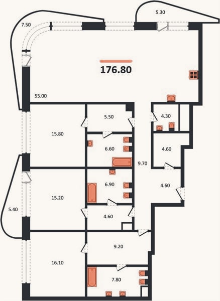 Планировка: 3-к, 176,8 м²