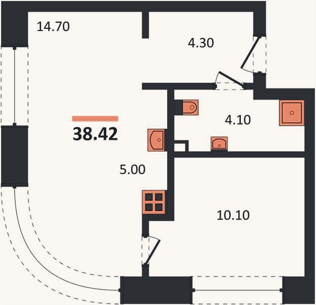 Планировка: 1-к, 38,4 м²