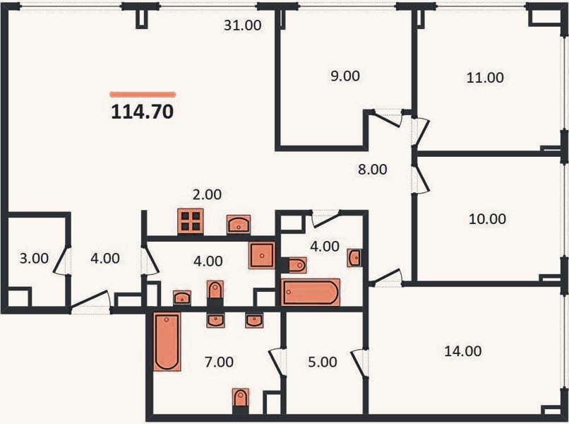 Планировка: 4+ к, 114,4 м²