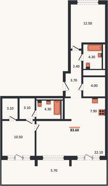 Планировка: 2-к, 83,6 м²