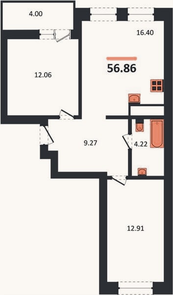 Планировка: 2-к, 56,9 м²