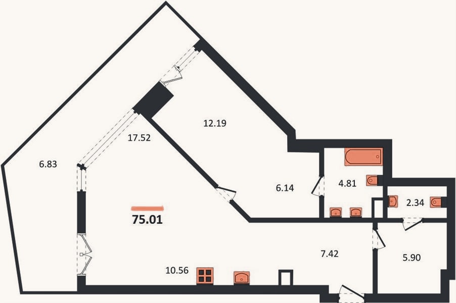 Планировка: 1-к, 75 м²