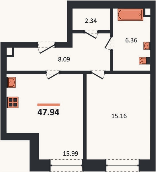 Планировка: 1-к, 47,9 м²