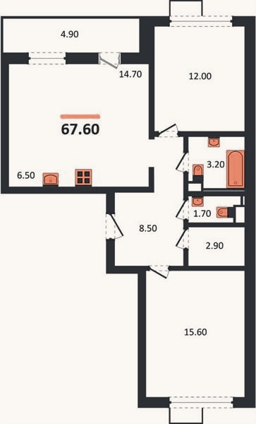 Планировка: 2-к, 67,6 м²