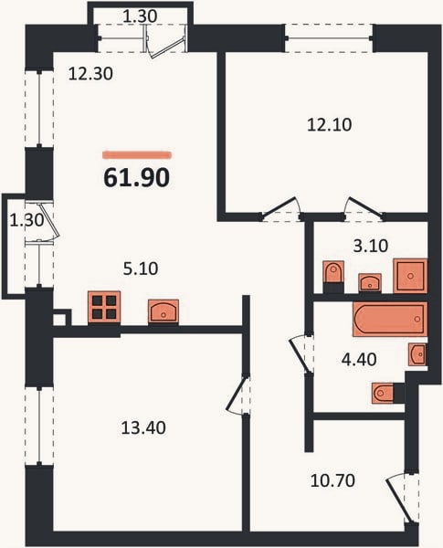Планировка: 2-к, 61,9 м²