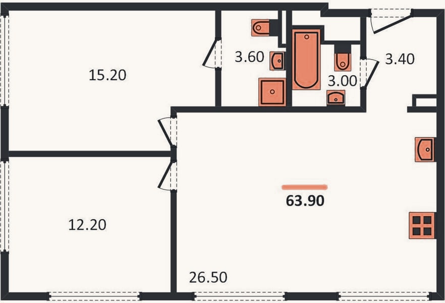 Планировка: 2-к, 64,7 м²