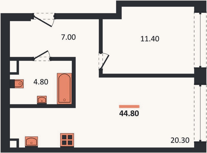 Планировка: 1-к, 44,8 м²
