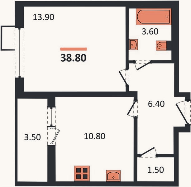 Планировка: 1-к, 38,8 м²
