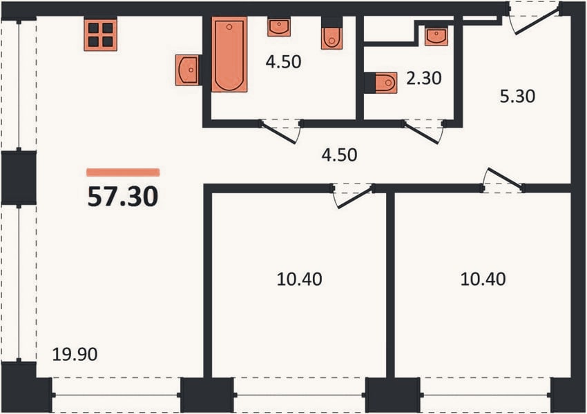 Планировка: 2-к, 57,4 м²