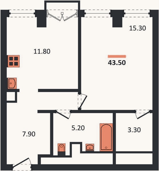 Планировка: 1-к, 43,5 м²