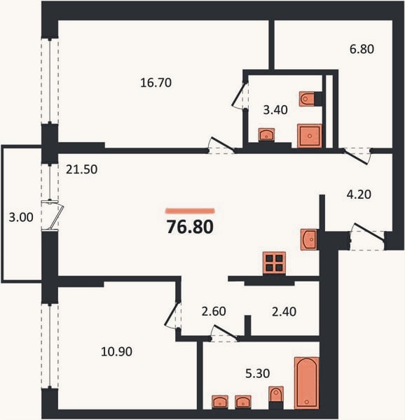 Планировка: 2-к, 76,8 м²