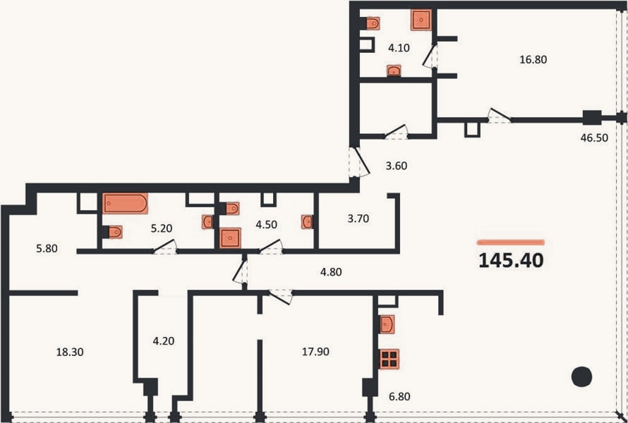 Планировка: 3-к, 145,4 м²