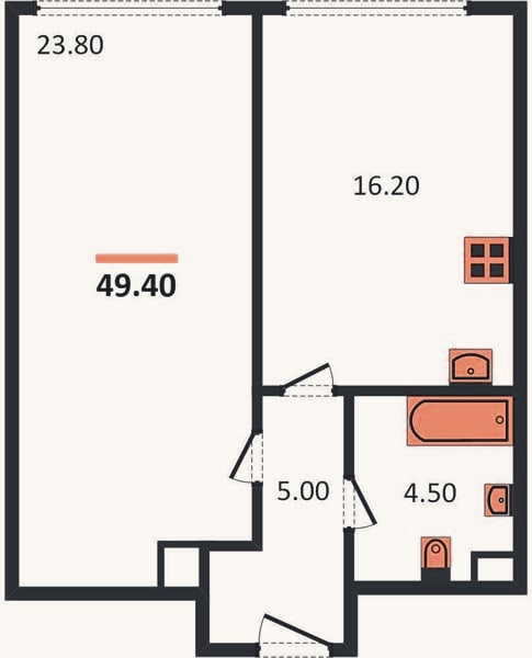 Планировка: 1-к, 49,4 м²