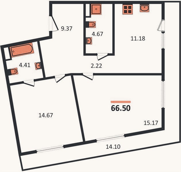 Планировка: 2-к, 66,5 м²