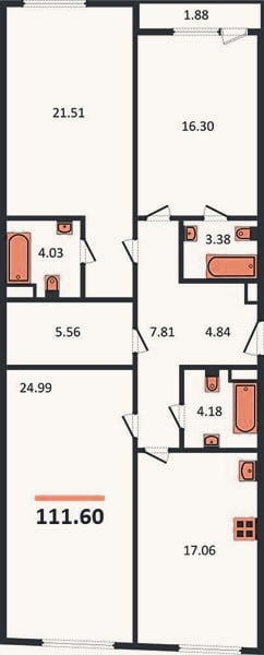 Планировка: 3-к, 111,6 м²