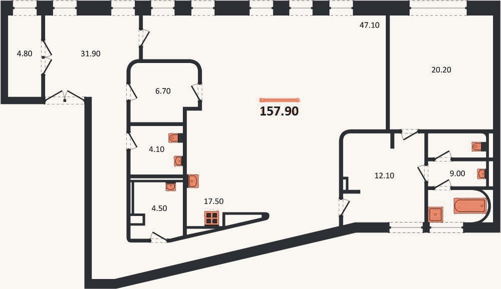 Планировка: 2-к, 157,9 м²