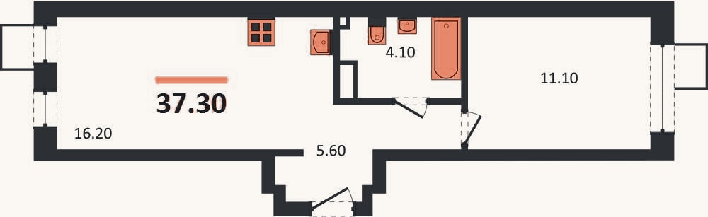 Планировка: 1-к, 37,3 м²