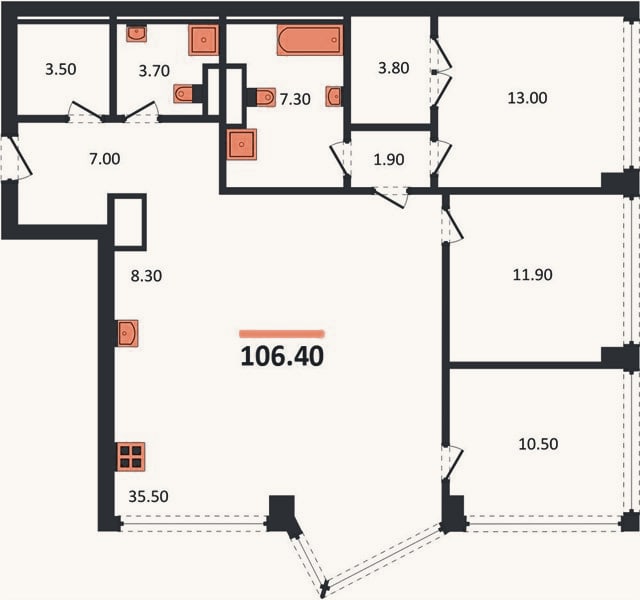 Планировка: 3-к, 106,4 м²