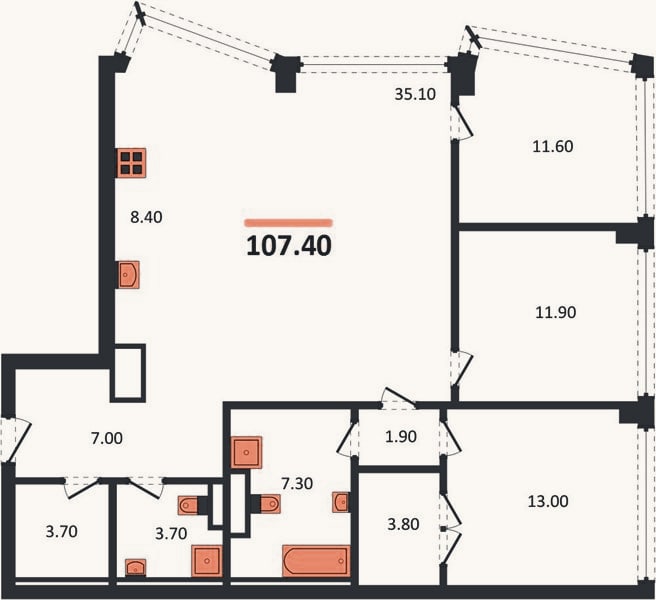 Планировка: 3-к, 107,4 м²