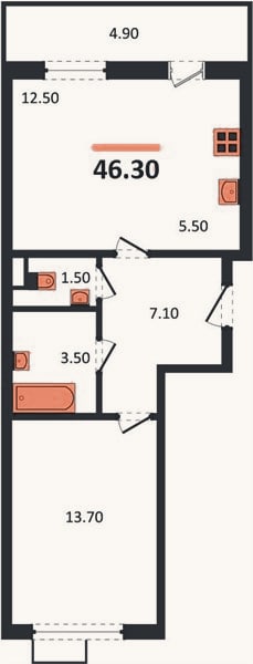 Планировка: 1-к, 46,3 м²