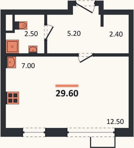 Планировка: Студия, 29,6 м²