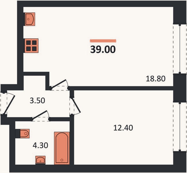 Планировка: 1-к, 39 м²