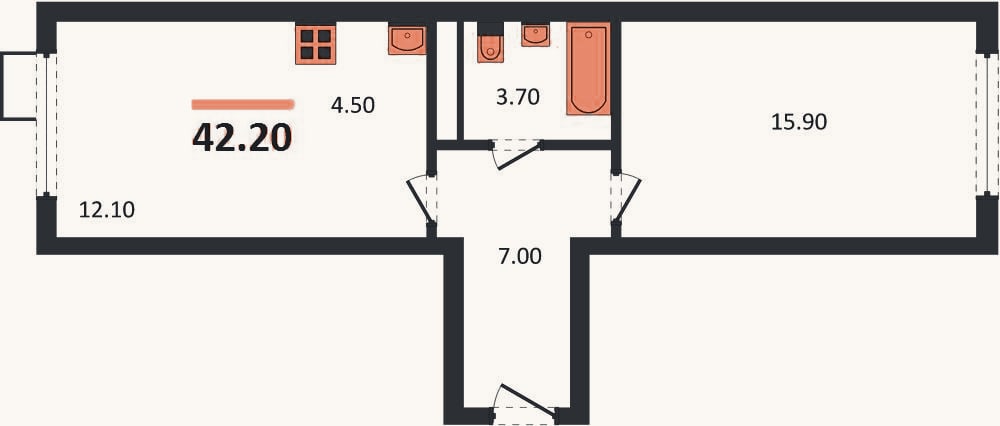 Планировка: 1-к, 42,2 м²